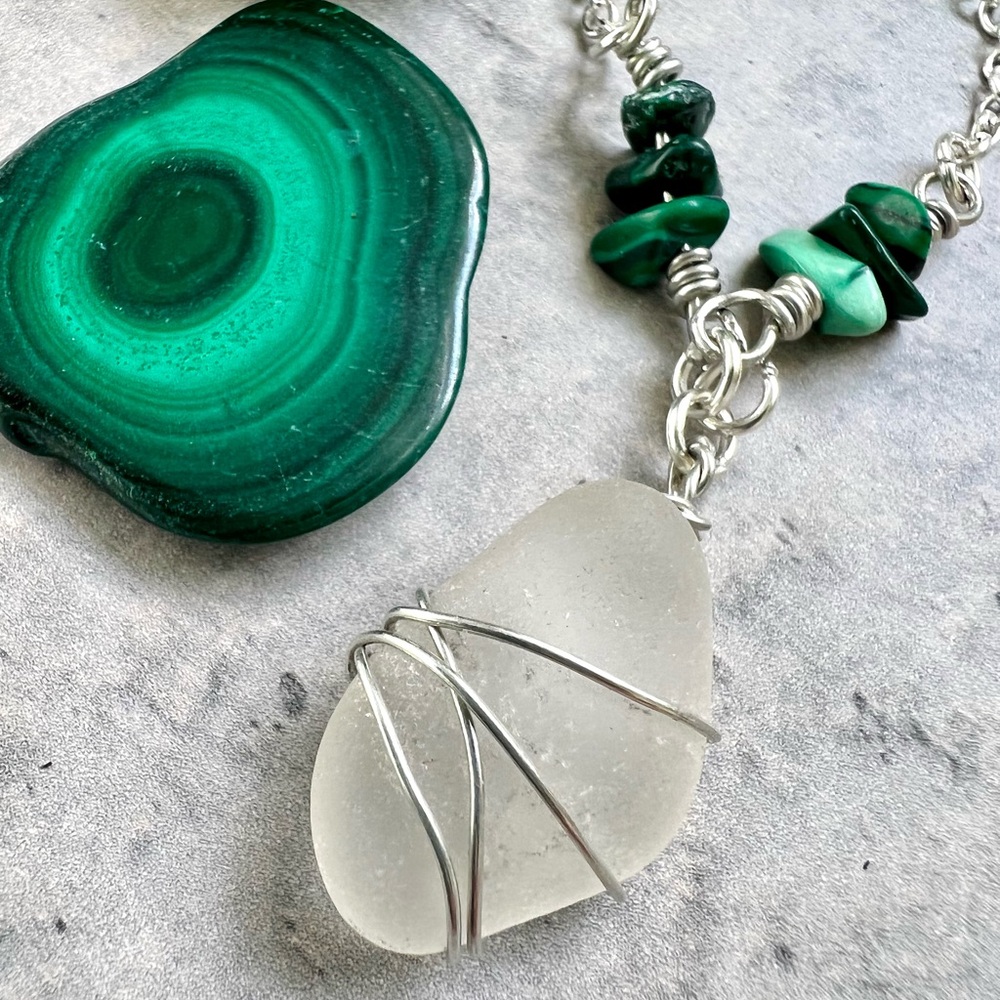 Seaglass + Malachite Crystal Chain Handmade Necklace